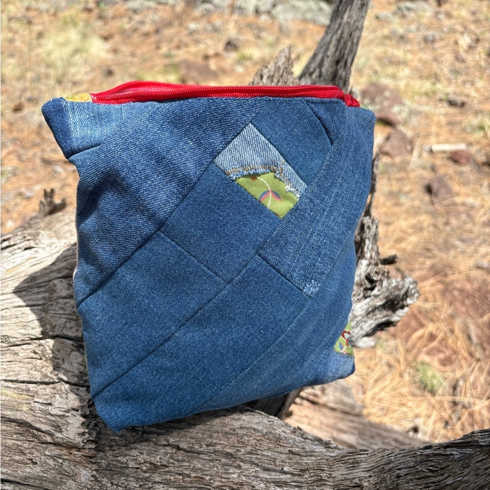 Hand Crafted Red and Pink Cosmetic Bag with Unique Patchwork Design - Picture 8 of 9